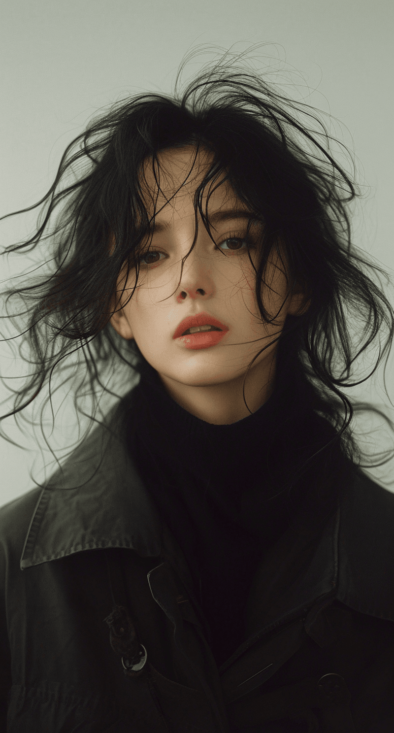 AI generated: a woman with flowing, black hair is posing, in the style of dain yoon, soft edges and blurred detail...