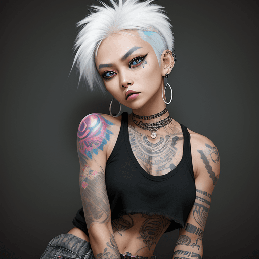 AI generated: philippine girl in jeans shorts, glowing eyes , earring piercings, Punk, white hair, colorful, muscu...