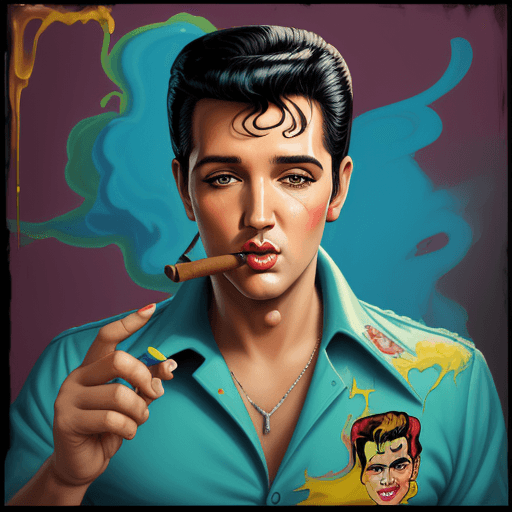 AI generated: painting of cigar smoking Elvis Presley in the style of pop surrealism, cartoon style, vintage color...