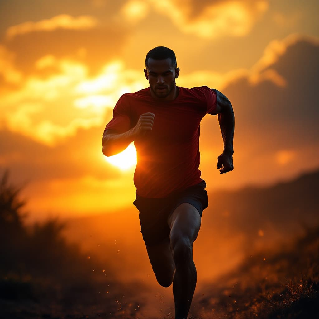 AI generated: (Masterpiece:1.2), (Best Quality:1.1), (Dynamic Silhouette:1.2), detailed runner against glowing sun...