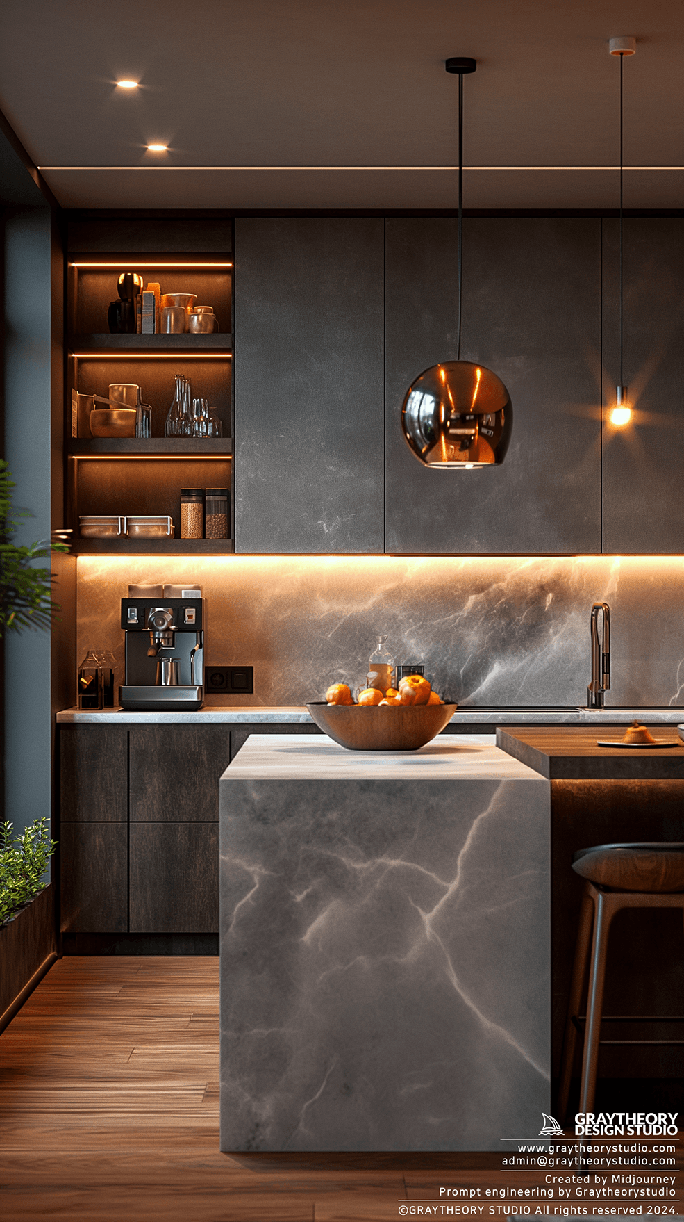 AI generated: modern kitchen, in the pre-dawn light, sleek eggshell white finishes, with a warm grey colors, EF 24...