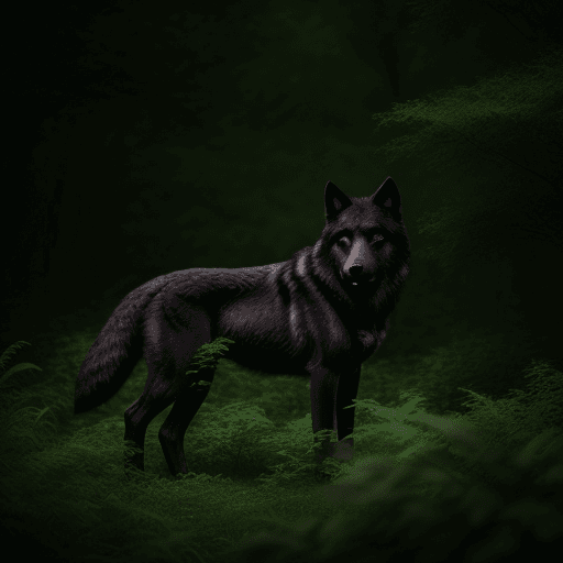 AI generated: A black - brown Wolf,in a cloudy dark-green forest,among bluish bushes,realistic photo,8k.
