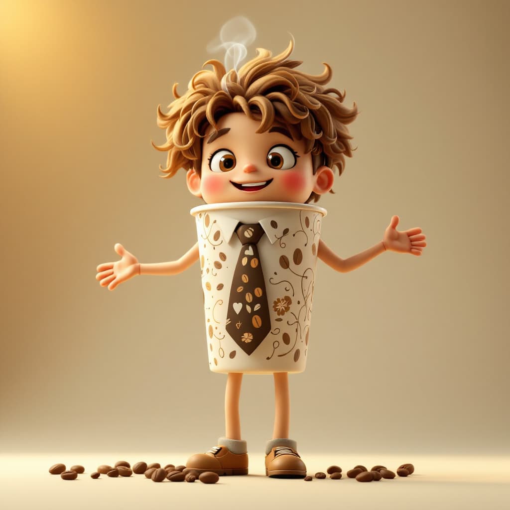 AI generated: Create a 3D render of a whimsical young coffee being with a stylized cup as its torso, adorned with ...