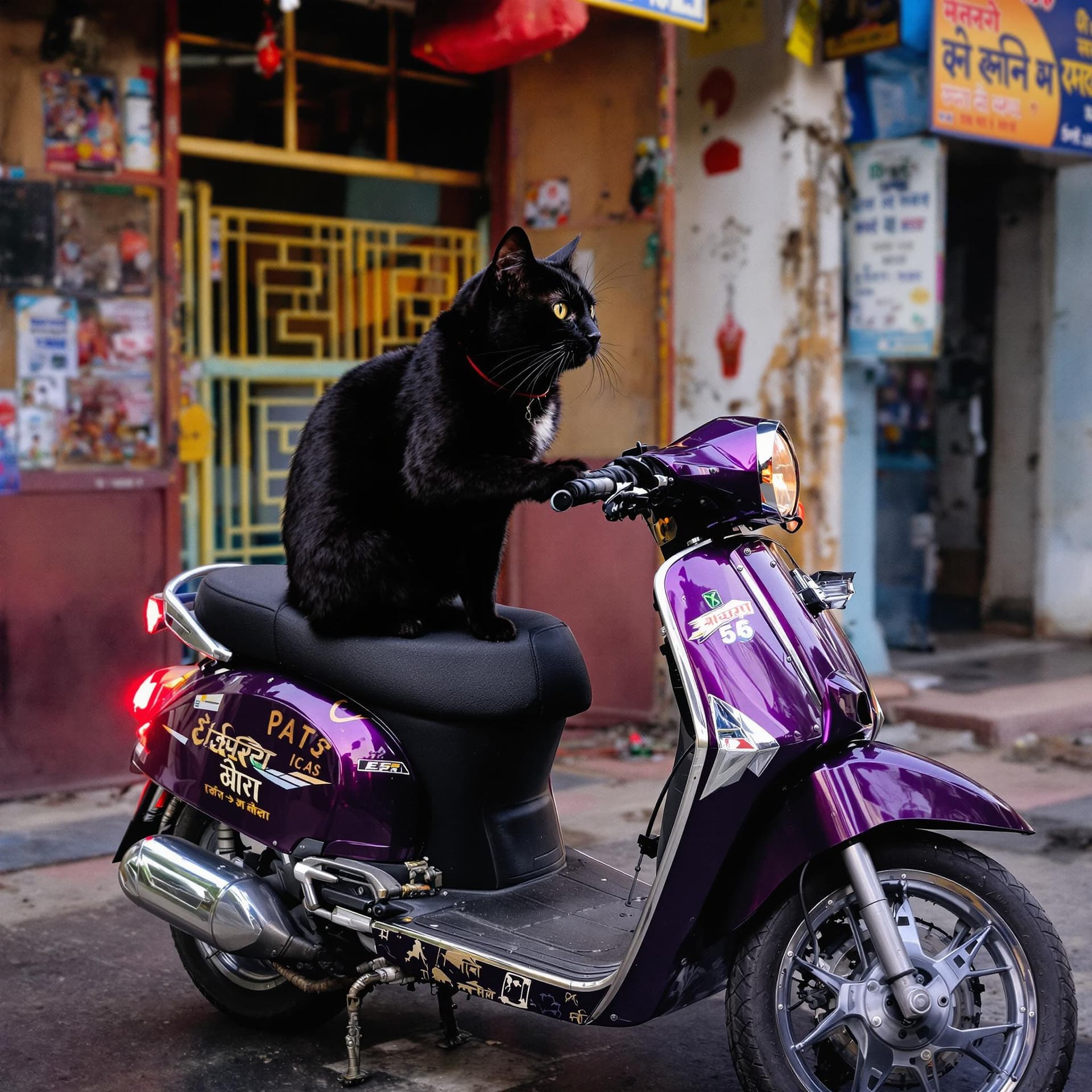 AI generated: A black cat driving a dark purple scooter in India