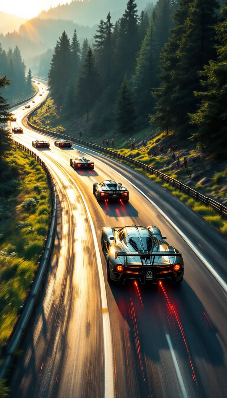 AI generated: Summer. A racing car rushes along the track, overtaking rivals. Along the highway you can see a fore...