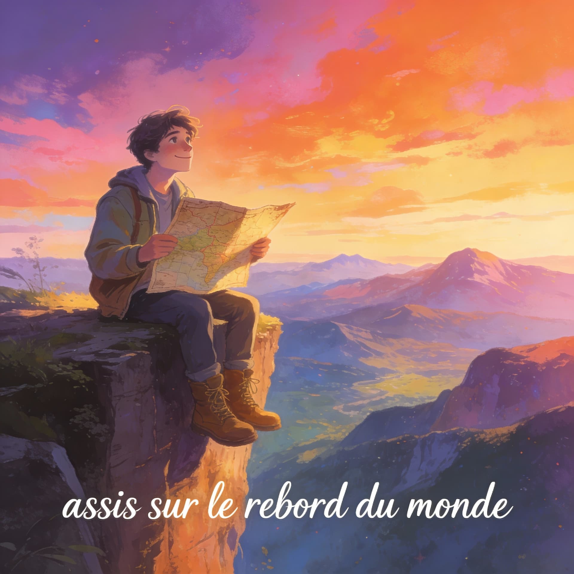 AI generated: portrait d’un jeune homme “assis sur le rebord du monde”. On le sent rêveur, c'est évidemment un ave...