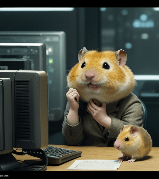AI generated: an extremely distressed and distraut golden hamster who is crying at a computer terminal and is very...
