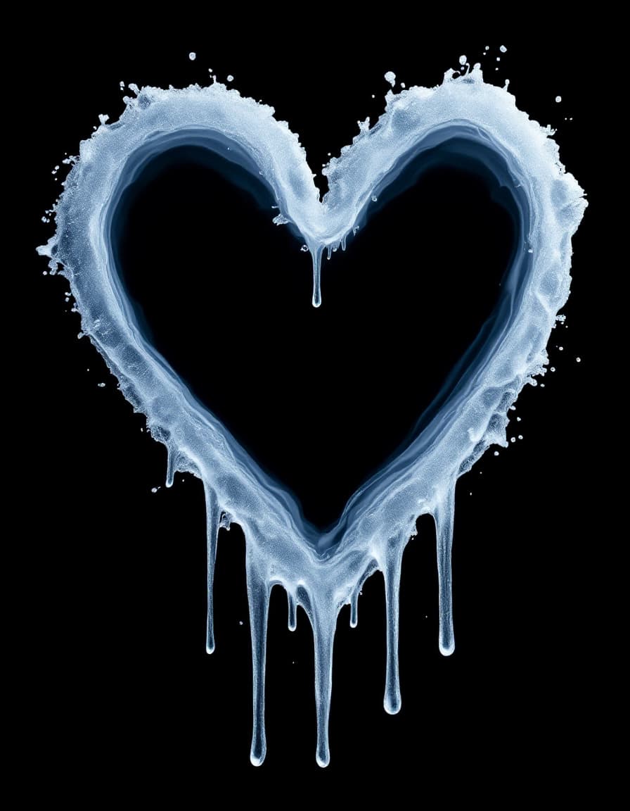 AI generated: frozen in the Shape of Heart Melting on Black Background, Copy Space