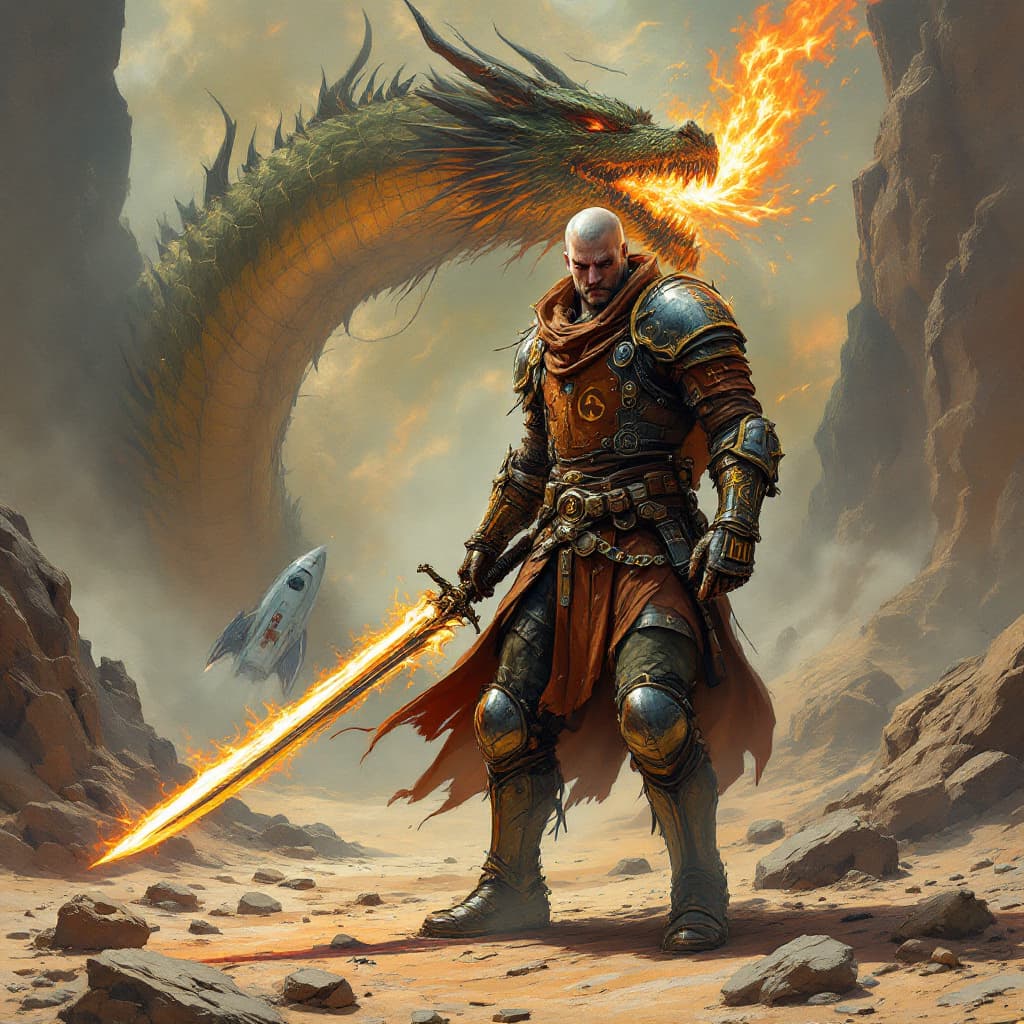 AI generated: Envision a knight from the year 1100, clad in a steampunk-style tactical suit of armor, confidently ...
