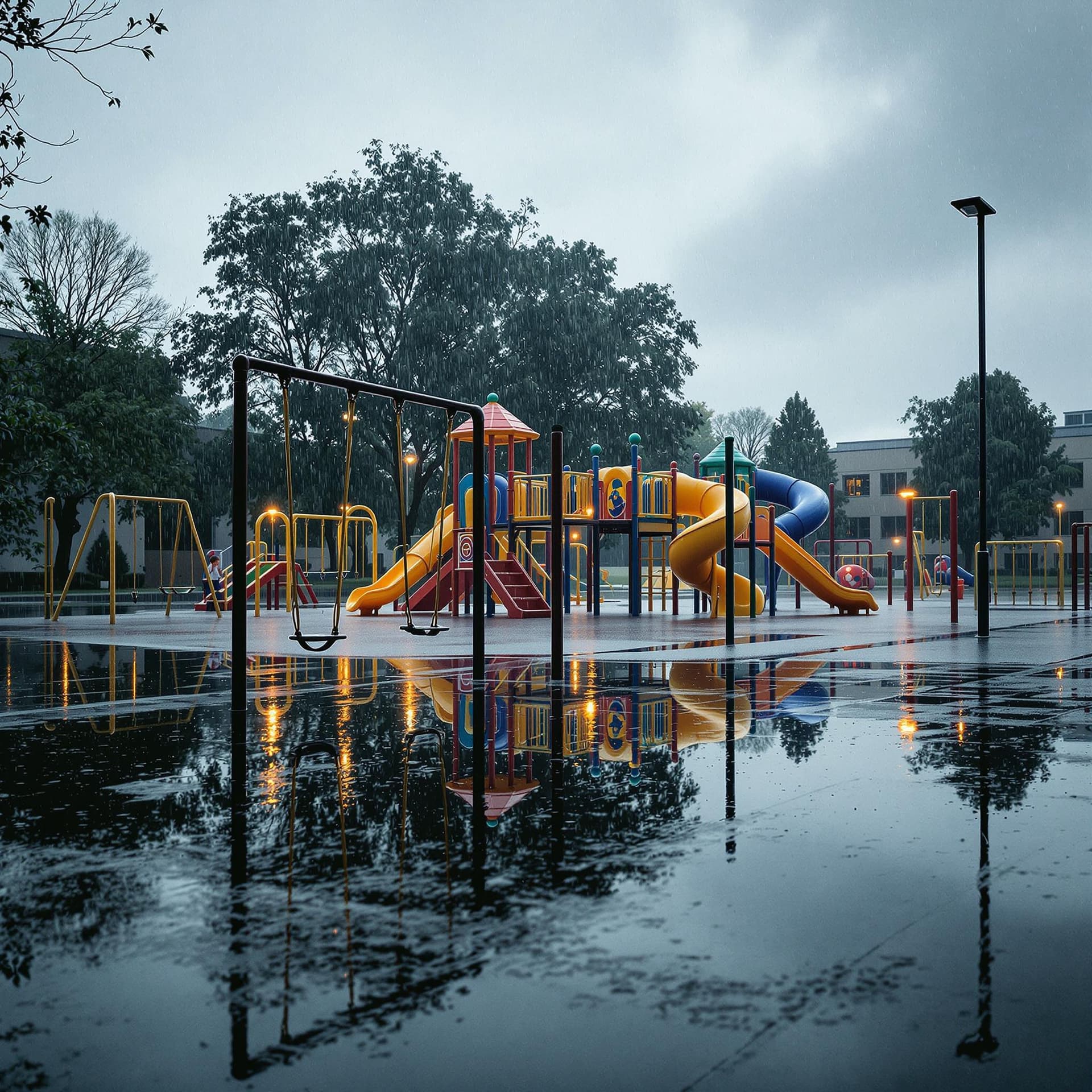 AI generated: A deserted elementary school playground in the early morning during a heavy downpour, large puddles ...