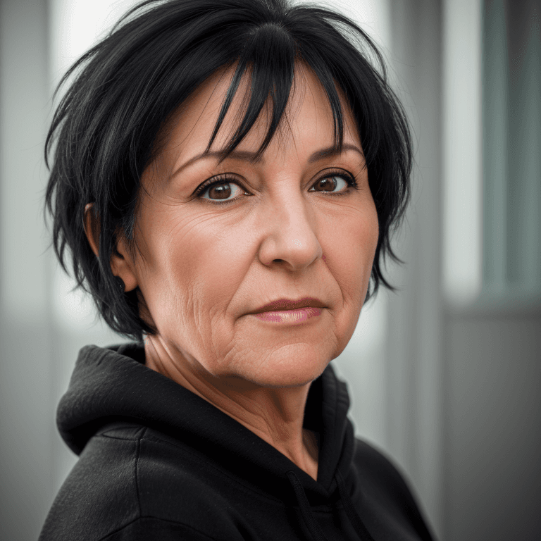 AI generated: hyper realistic headshot photo of a 55 year old woman, wearing a black hoodie, short black hair,  lo...