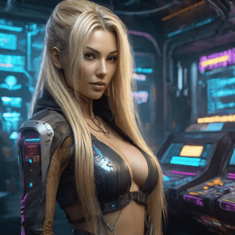 AI generated: beautiful woman, long dirty-blonde hair with blonde streaks, cyberpunk, concept art, immersive backg...