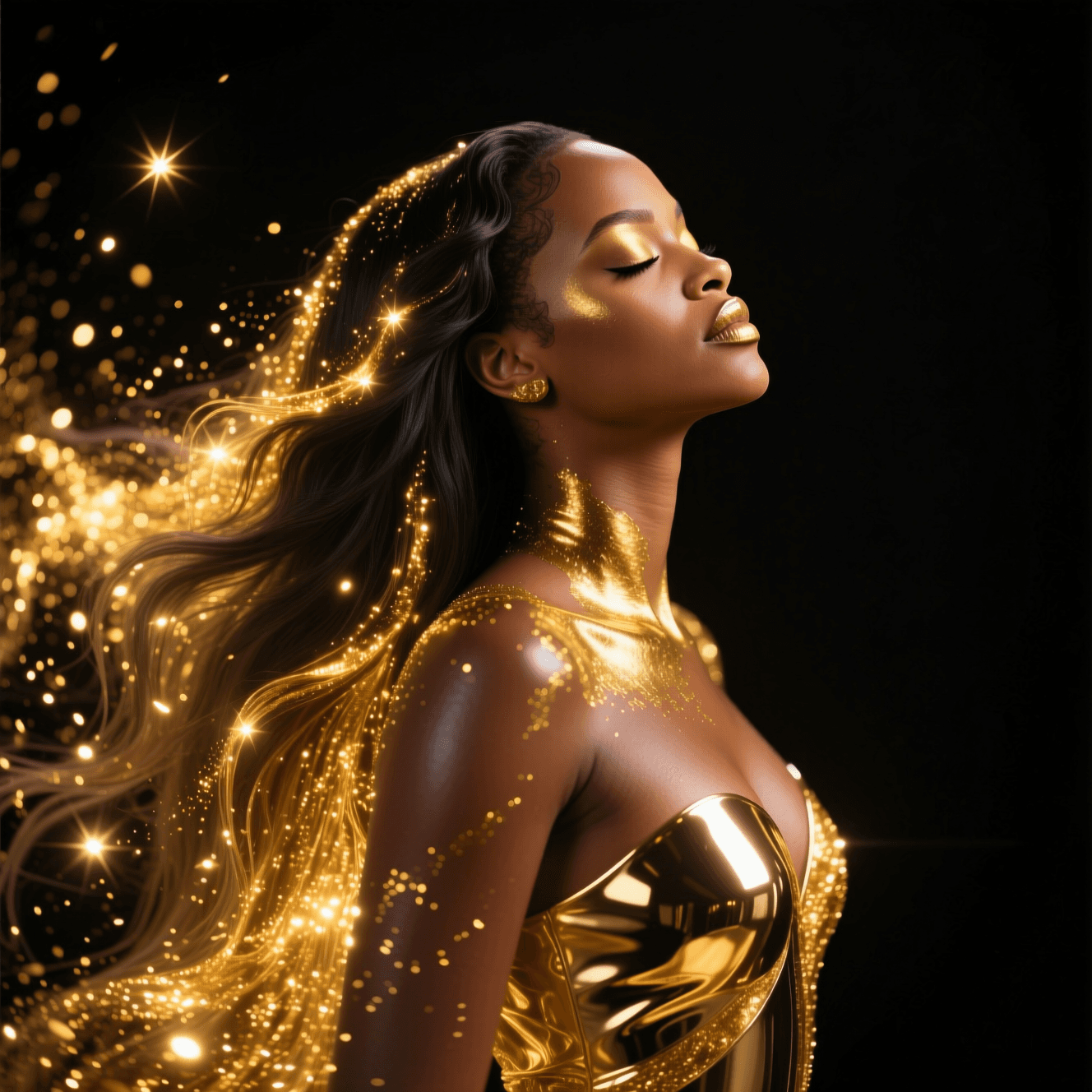 AI generated: This image is a highly stylized, 8k photograph featuring Rihanna with her face turned to the right, ...