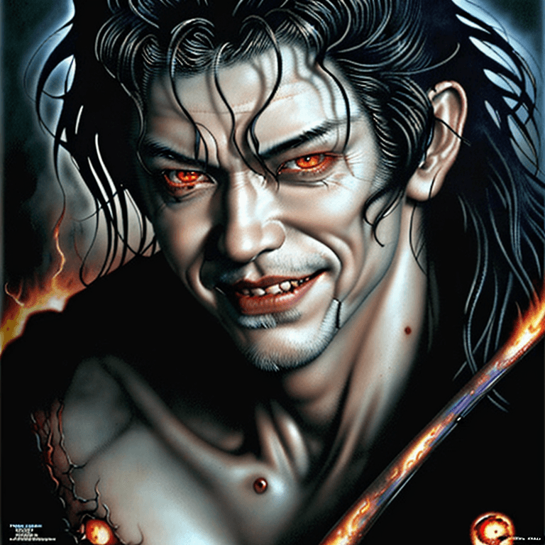 AI generated: crimson king, photorealistic, grinning man, burning eyes, human, eerie, jim lee, luis royo
