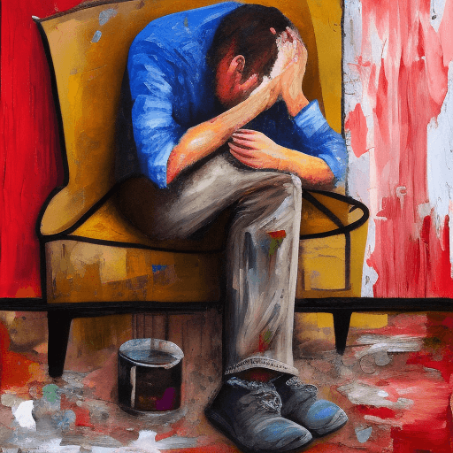 AI generated: painting of sad man sitting on chair, eyes are teary, holding face, pallet knife painted, thick text...