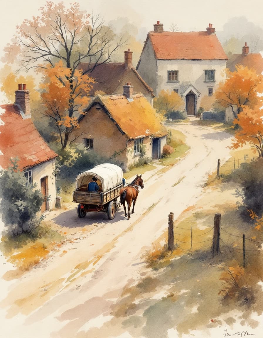 AI generated: a John Constable watercolor painting in a high angle perspective of a small hamlet in  Lankfordshire...