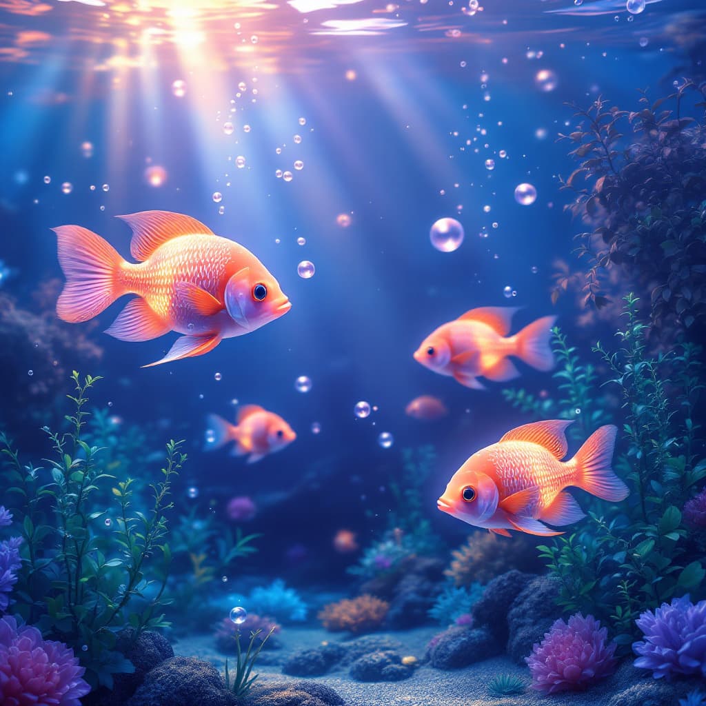 AI generated: "A serene and mesmerizing underwater scene featuring vibrant, glowing exotic fish swimming gracefull...