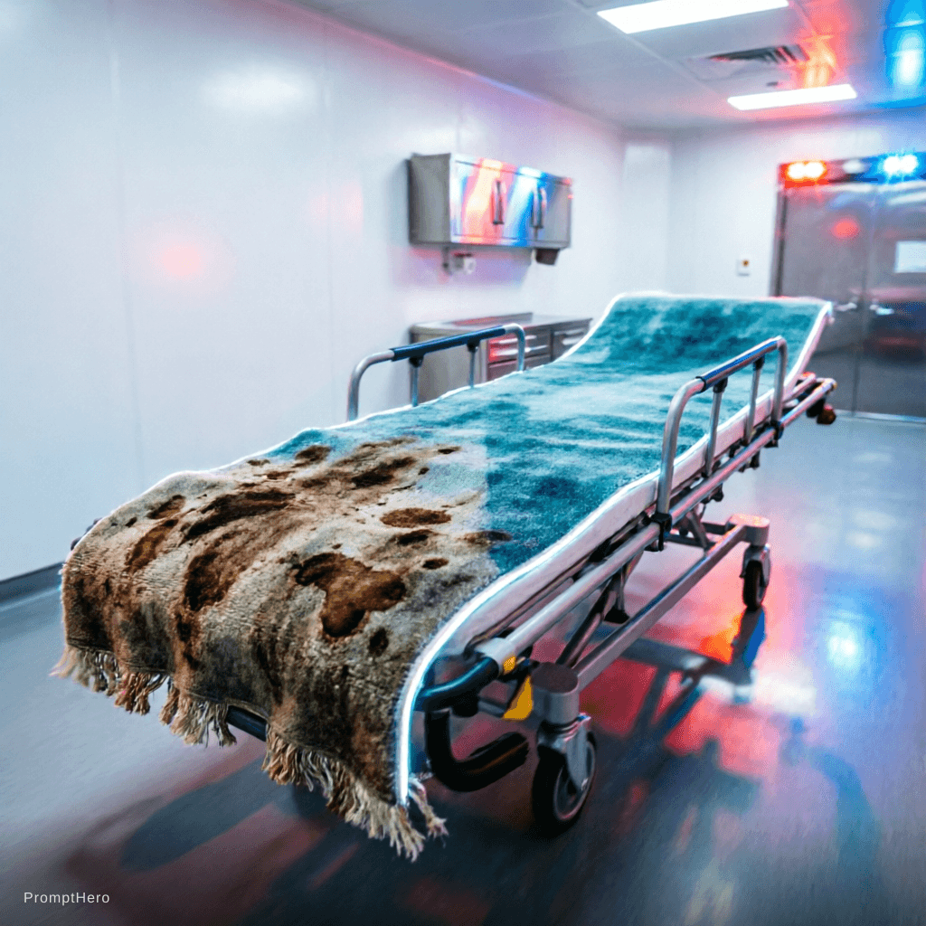 AI generated: A heavily stained carpet placed on a stretcher or medical trolley, moving as if being transported by...