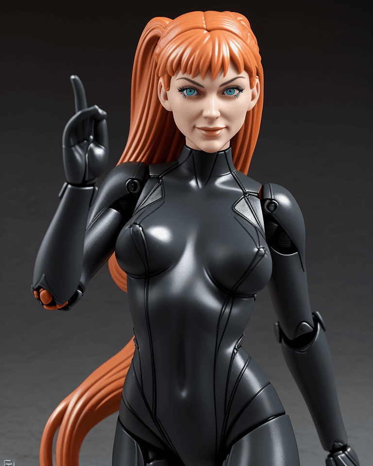 AI generated: action figure of ((Sophie Rain)), happy, wearing bodysuit