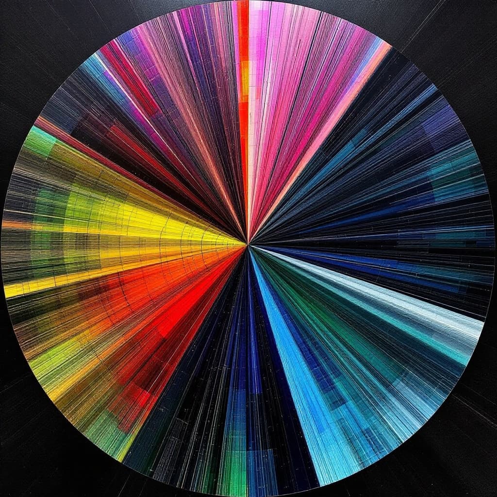 AI generated: A large circle that is broken into smaller sections, each with different colors and lines stretching...