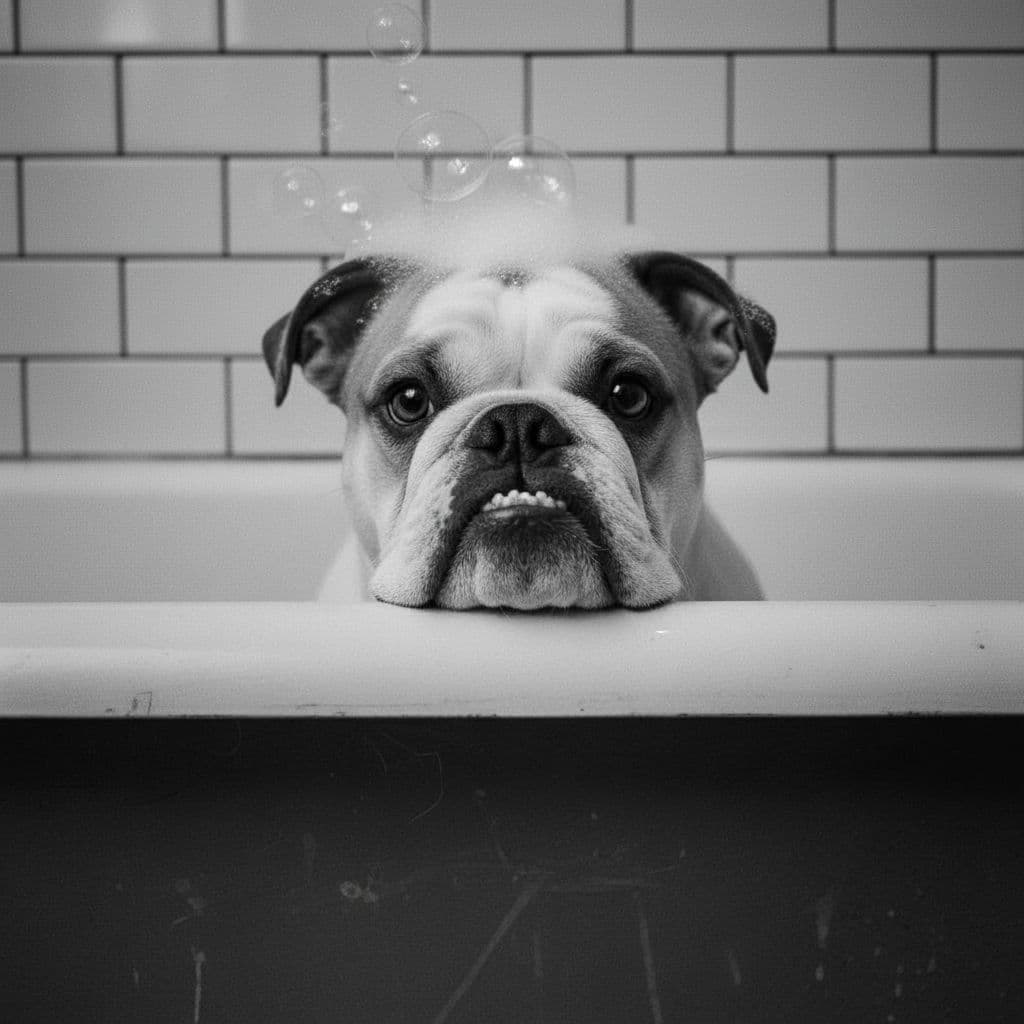 AI generated: Add soap bubbles to it's head and the back wall should be white subway style shower tiles