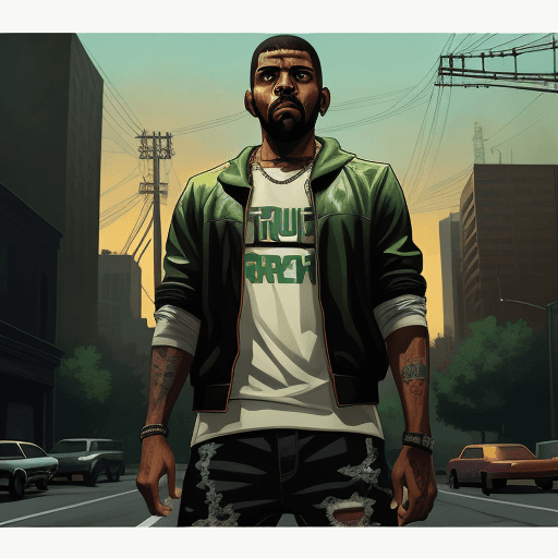 AI generated: Kyrie Irving as thug, grand theft auto wallpapers, in the style of graphic novel inspired illustrati...