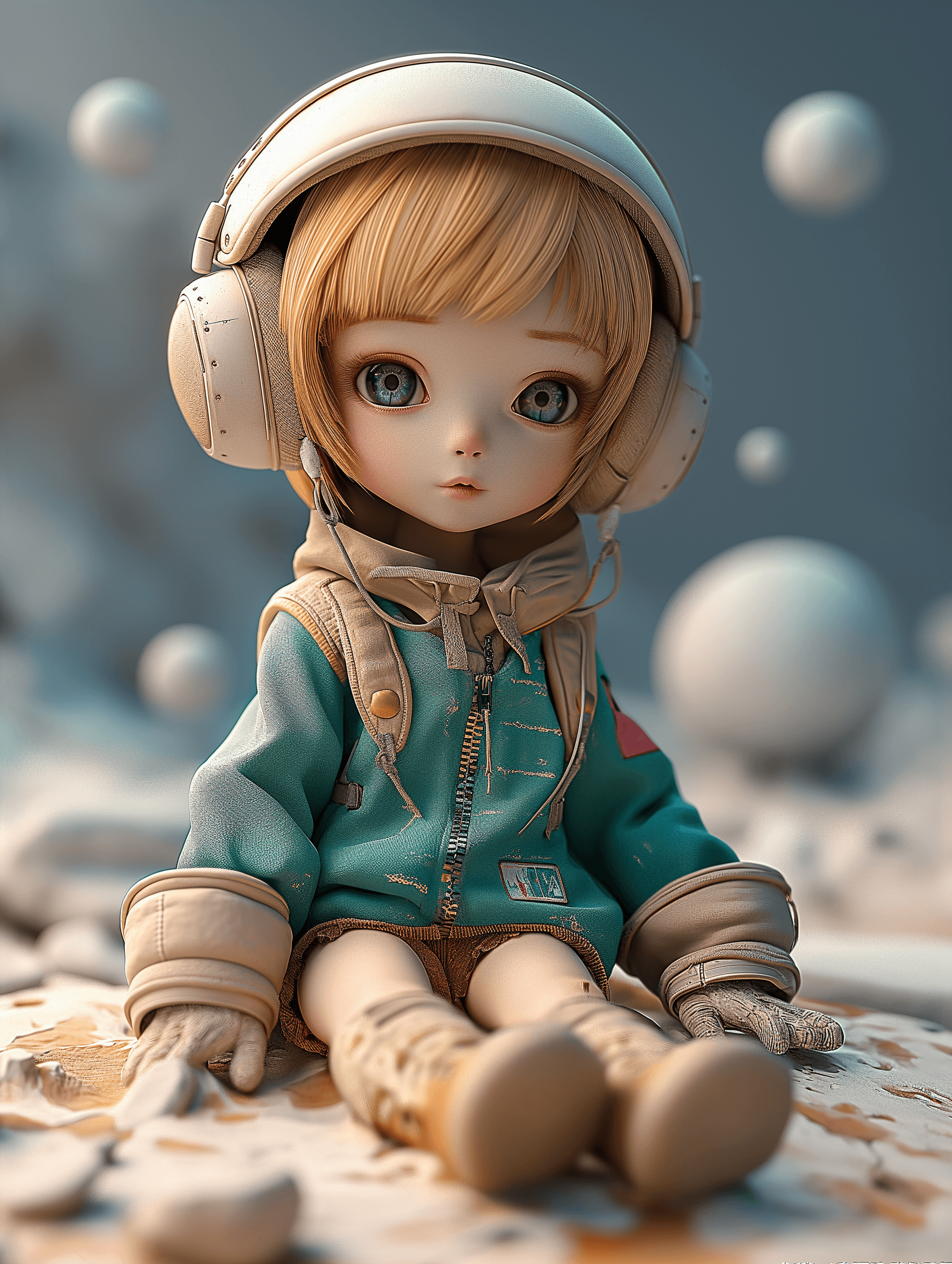 AI generated: kuhia kawaii character on ice bench, in the style of hyper-realistic sci-fi, vray tracing, alan bean...