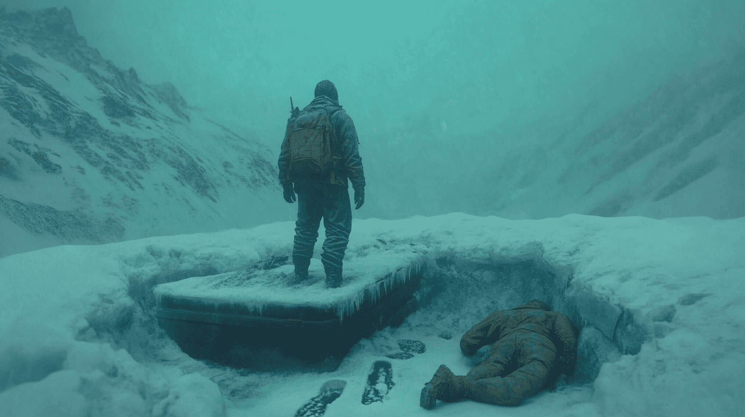 AI generated: A dark, atmospheric depiction of the Dyatlov Pass incident, an abandoned torn tent buried in deep sn...