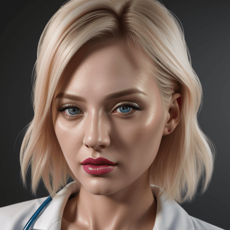 AI generated: hyper realistic headshot photo of a female doctor, very beautiful, make-up, lipstick, blond hair, lo...