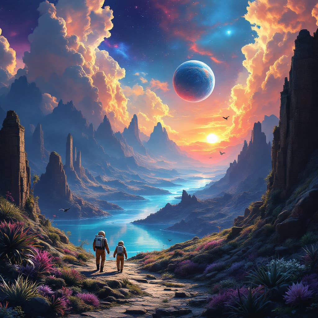 AI generated: extrem fantastic view over an alien landscape on anaother planet ,far away in a distant galaxy,very ...