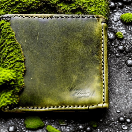 AI generated: The inside of an abandoned wet leather wallet on a mossy pavement. Style: goth