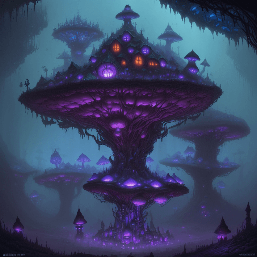 AI generated: concept art detailed painting of a dark purple fantasy fairytale fungal town made of mushrooms, with...