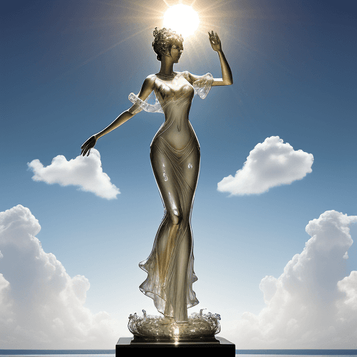 AI generated: a glass statue in the form of a woman with graceful gestures, through which one sees soft, thin clou...