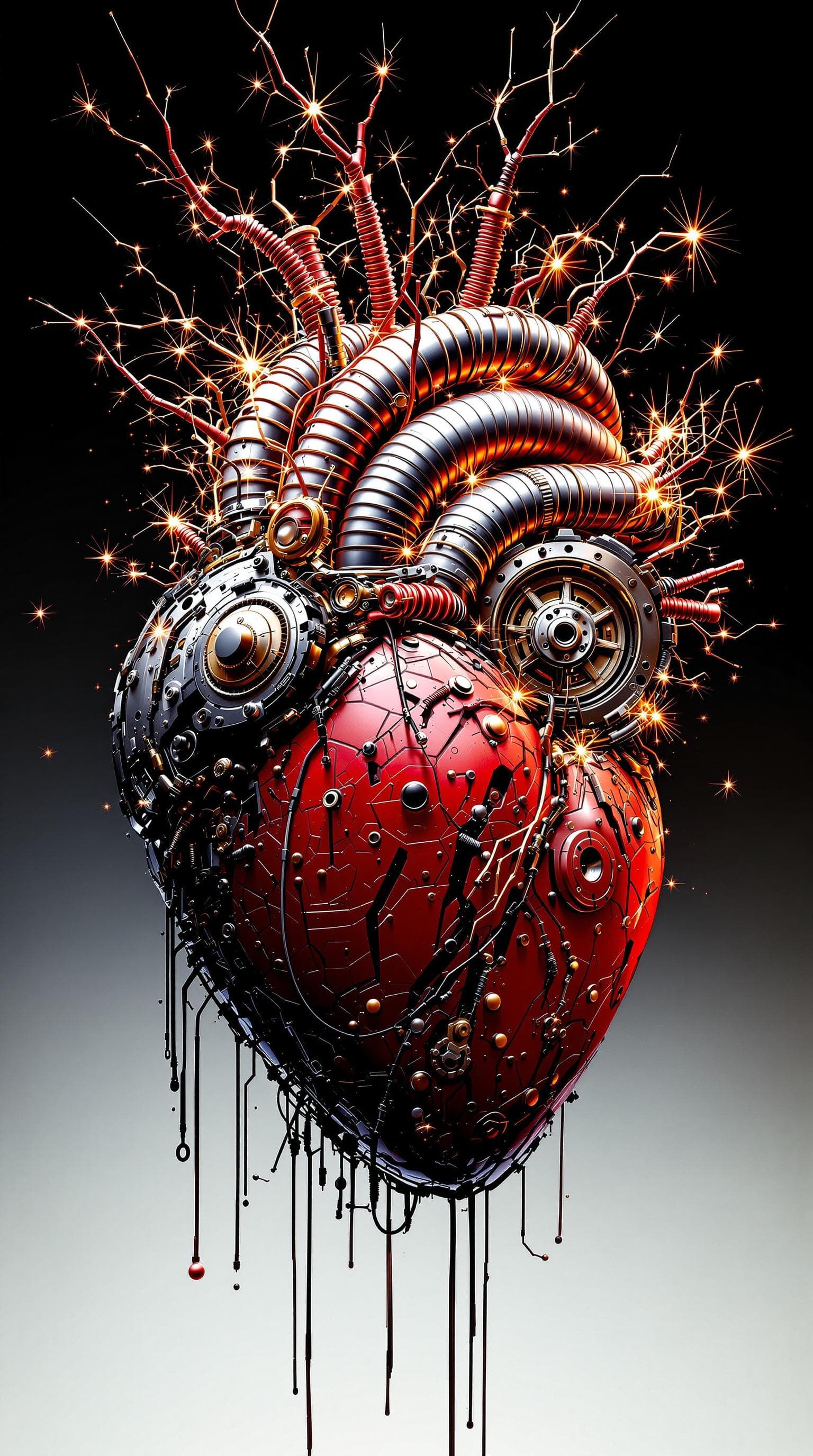 AI generated: Mechanical heart with steampunk details, half exposed with sparking wires flying out, high contrast,...