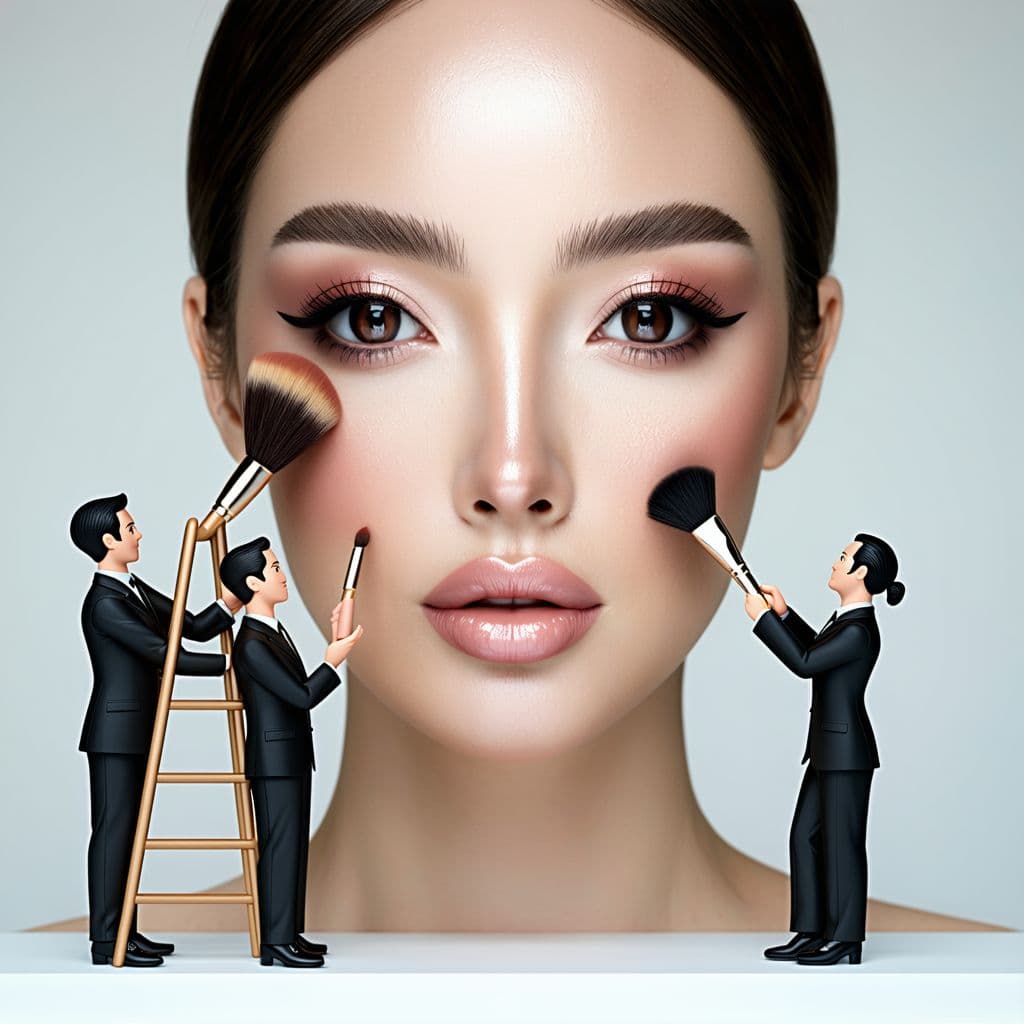 AI generated: A stunning model with naturally glowing skin, her face appearing as a giant canvas. Tiny people, dre...