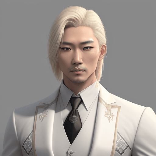 AI generated: A man with a very handsome oriental face, long short blond hair, elegant pose, white background, hig...