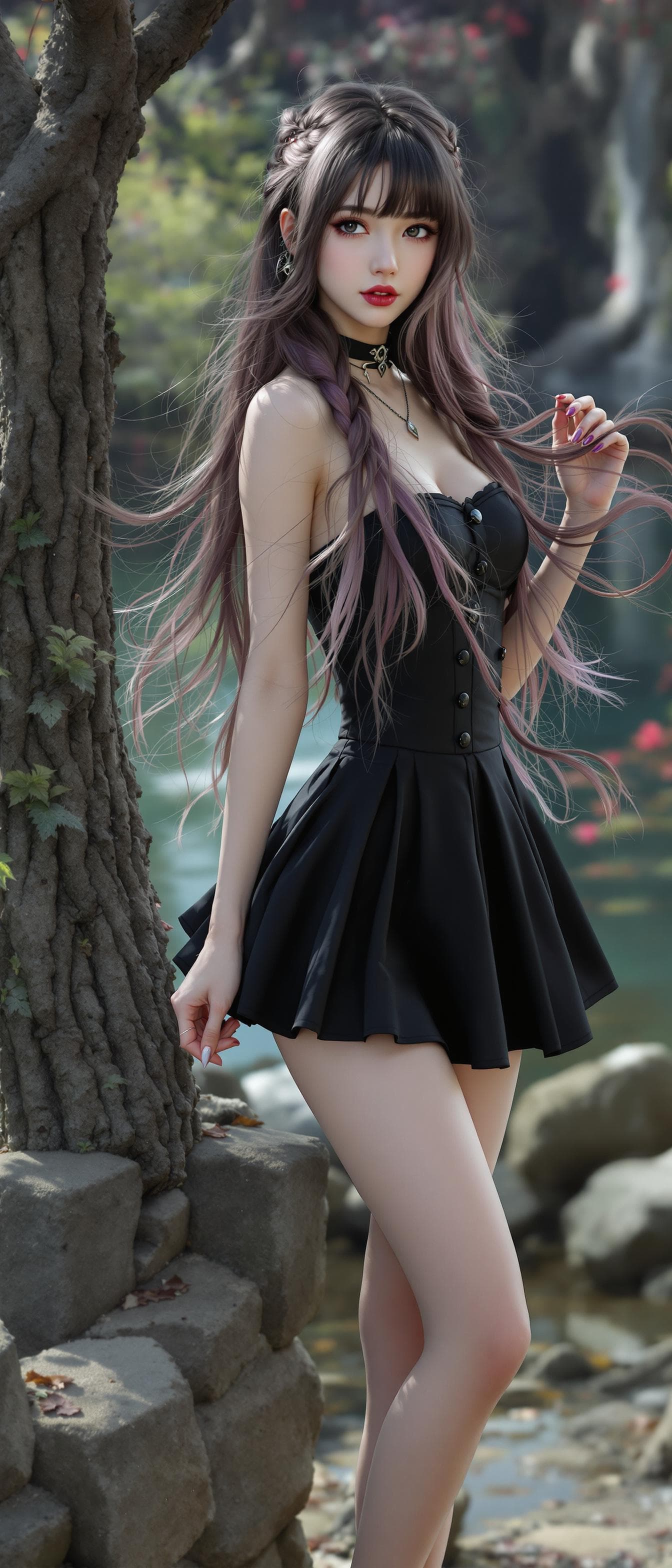 AI generated: hyperrealistic, korean girl, korean ulzzang face, a girl, beautiful, wearing a gothic clothes, strap...