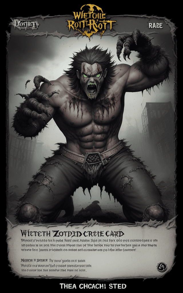AI generated: grunge border add bold text""Rotclaw the Wretched"" complex zombie apocalypse card include name "Rot...