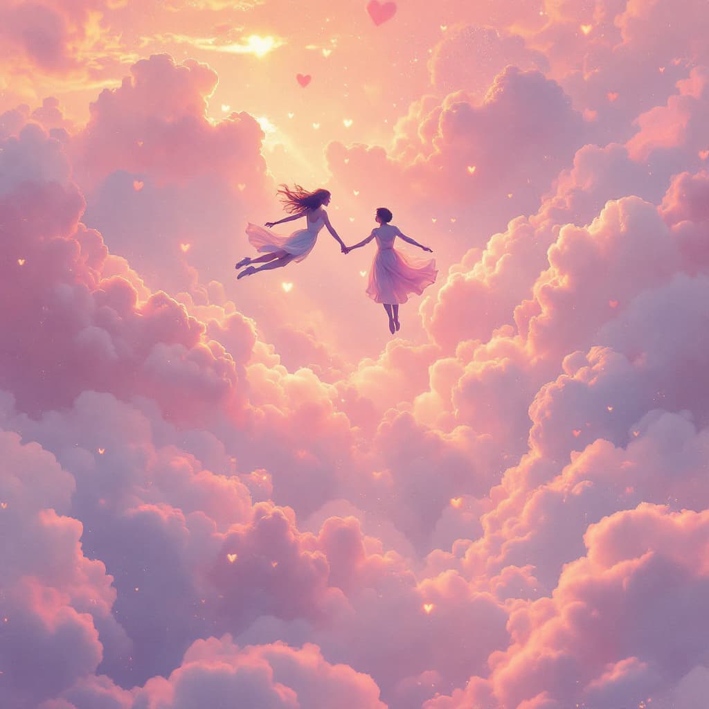 AI generated: A romantic and cinematic album cover showing two lovers floating in slow motion through a pastel-col...