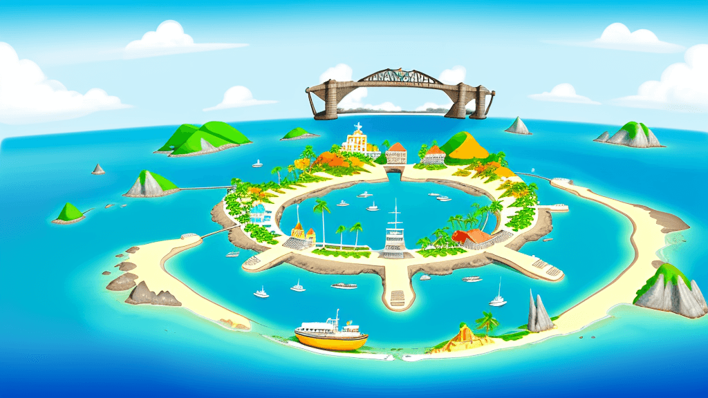 AI generated: image of one island with 8 bridges going from that one island to other land. sunny, light colors, ca...