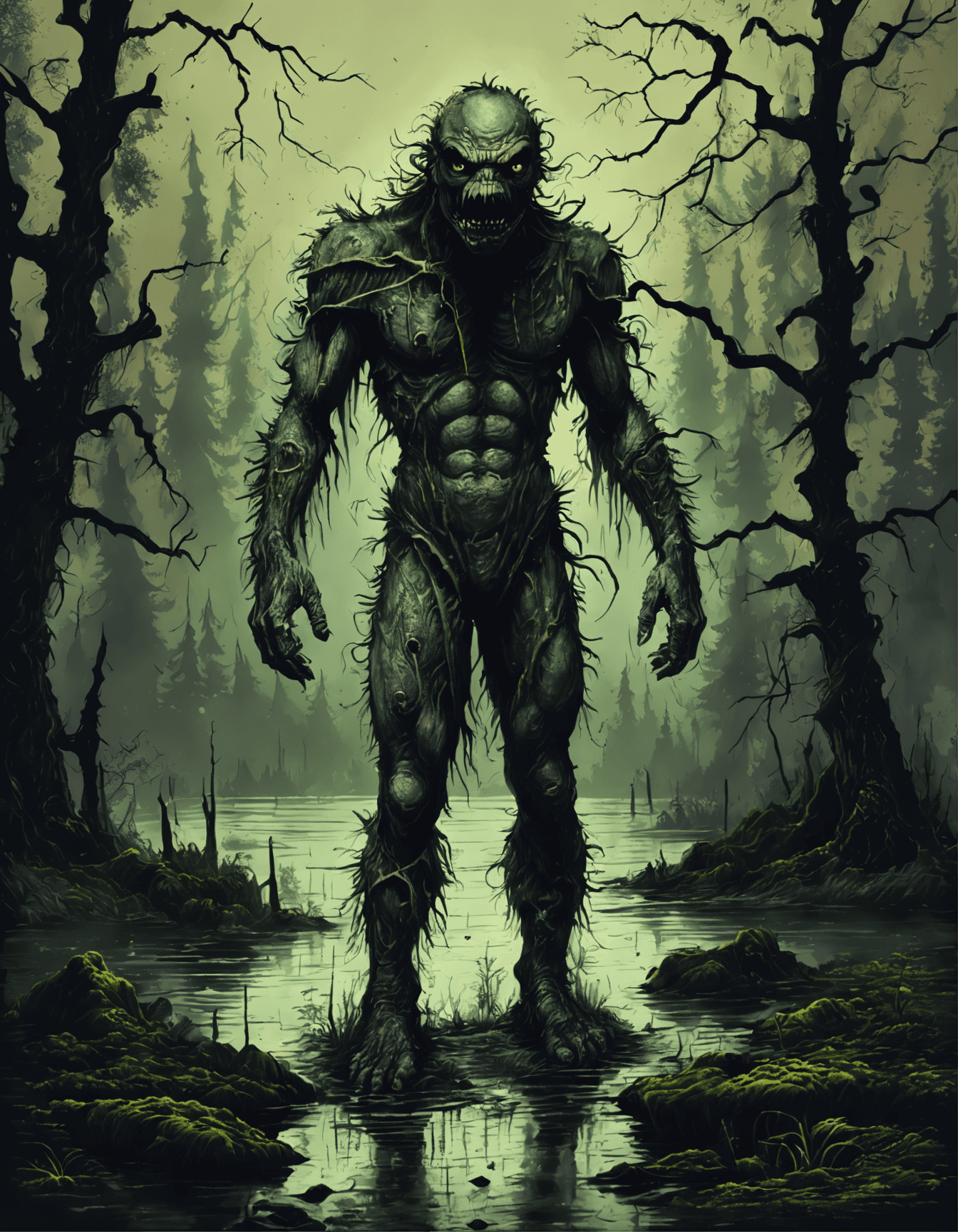 AI generated: The Creature from the Black Lagoon in a swamp, Foggy with moon light, ~*~Enhance~*~, vibrant colors,...
