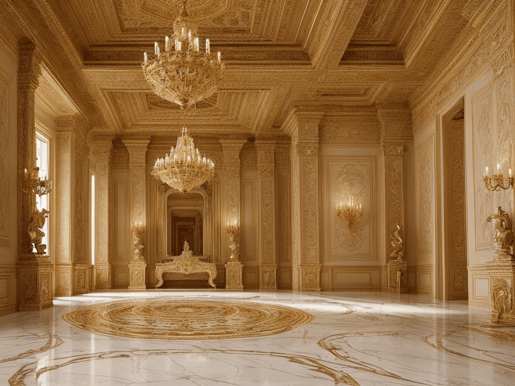 AI generated: The background of the image is a grand, high-ceilinged room with a luxurious, ornate decor. The wall...