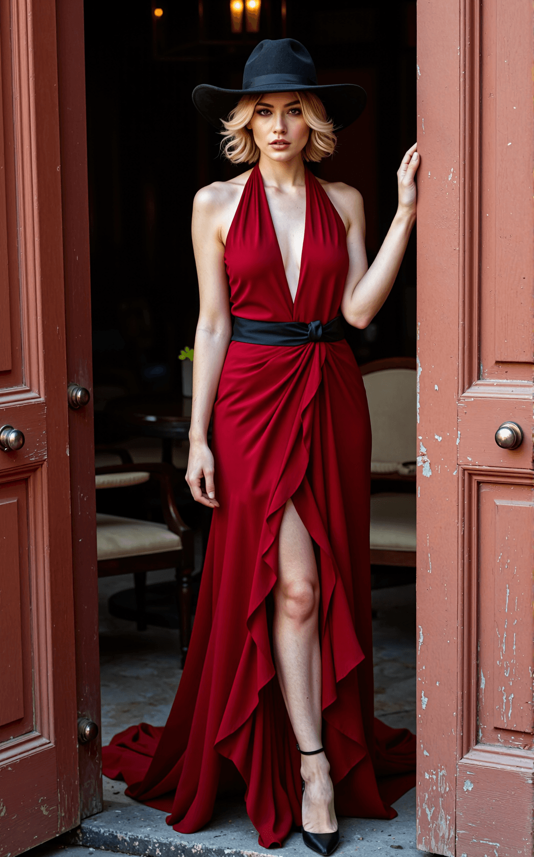 AI generated: woman standing in a weathered red painted doorway wearing a dramatic deep crimson red halter neck wr...