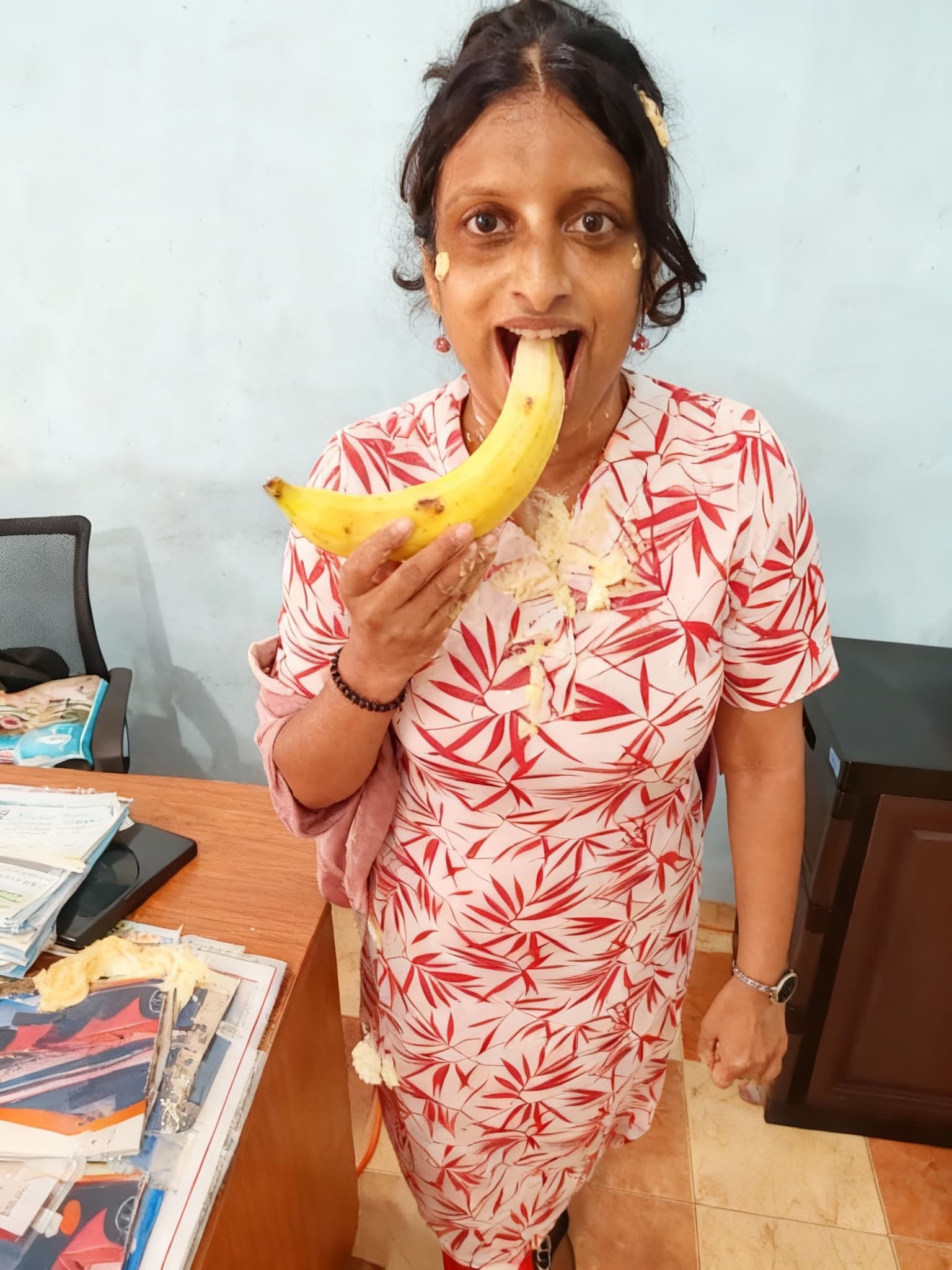 AI generated: Trying to eat Big banana. Half of banana insert the mouth and open mouth widely.