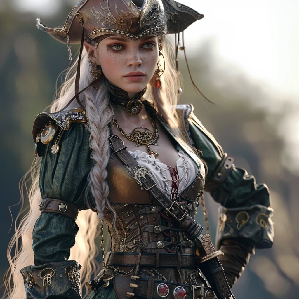 AI generated: Female elf pirate, dnd, full body, photo realistic