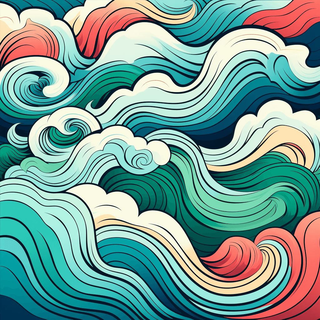 AI generated: T-shirt vector, Norwegian Textile Patterns, coastal, wave-like, fluid shapes, cool color style, colo...
