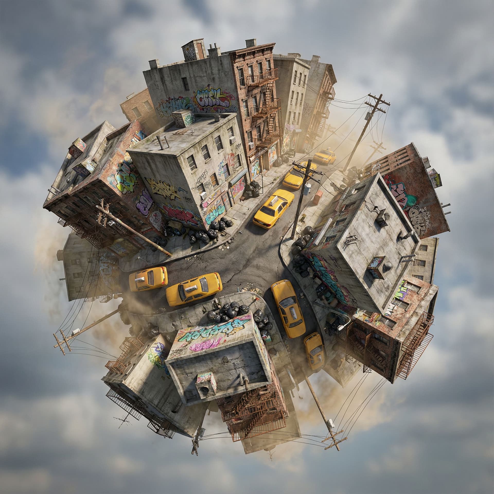 AI generated: A floating microplanet shows a crowded urban neighborhood, its surface a tightly packed sphere of co...