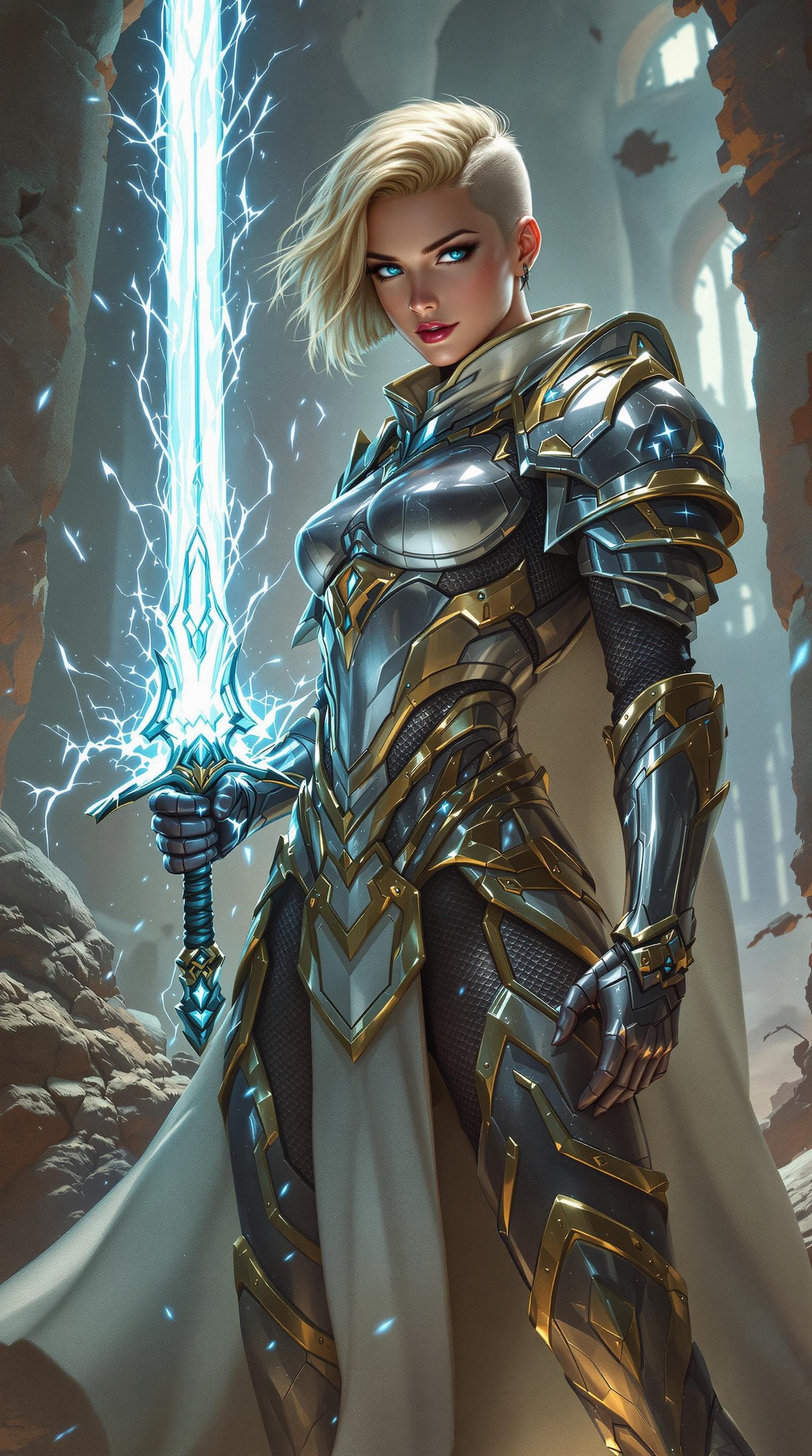 AI generated: A pretty, courageous paladin with an athletic build, her short, cropped blonde hair seeming to radia...