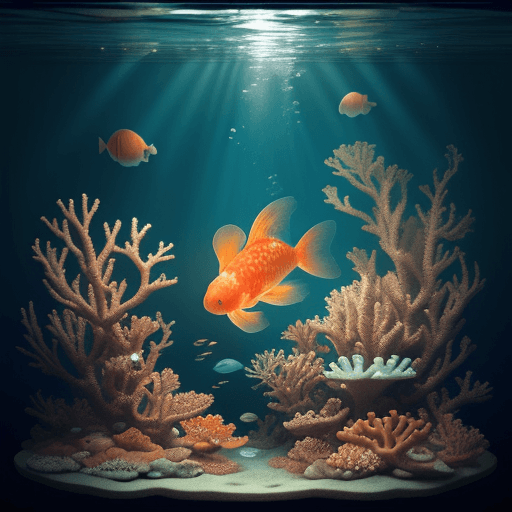 AI generated: photo of an extremely cute alien goldfish swimming an alien habitable underwater planet, coral reefs...