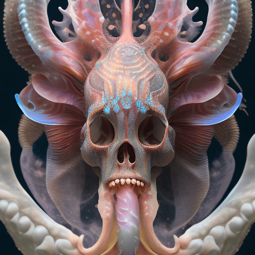 AI generated: Goddess close-up portrait ribcagel. jellyfish phoenix head, nautilus, orchid, skull, betta fish, bio...